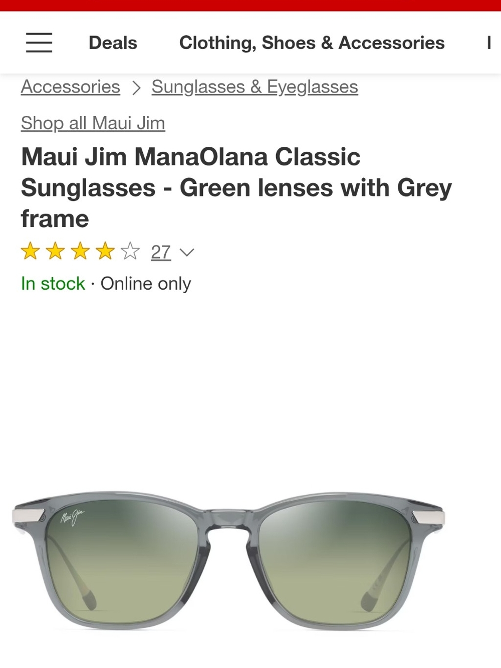 Maui Jim ManaOlana Classic Sunglasses - Grey Frame with Green Lenses